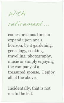 With retirement...
comes precious time to expand upon one’s horizon, be it gardening, genealogy, cooking, travelling, photography, music or simply enjoying the company of a treasured spouse.  I enjoy all of the above.    Incidentally, that is not me to the left.